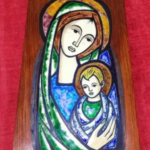VIRGEN MARIA CON NIÑO. ESTILO MORATÓ. ESMALTE SOBRE PLATA. MONTADO EN MADERA. ESPAÑA. CIRCA 1950 Compra Ahora