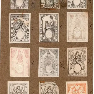 NUM007 LOTE DE 12 SELLOS FISCALES. ESPAÑA. DE 1867 A 1869 Máxima Calidad