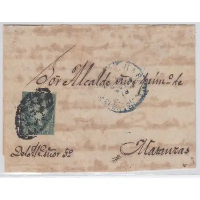 1855-H-28.* CUBA ESPAÑA SPAIN. ISABEL II. 1855. Ed.Ant.1. SOBRE ½ r. MARCA PREFILATELIA STAMPLESS BAEZA HABANA AZUL. 1856. Auténtico